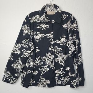 Vintage Life Style Black Butterfly Print Beaded Embroidery Jacket 2X